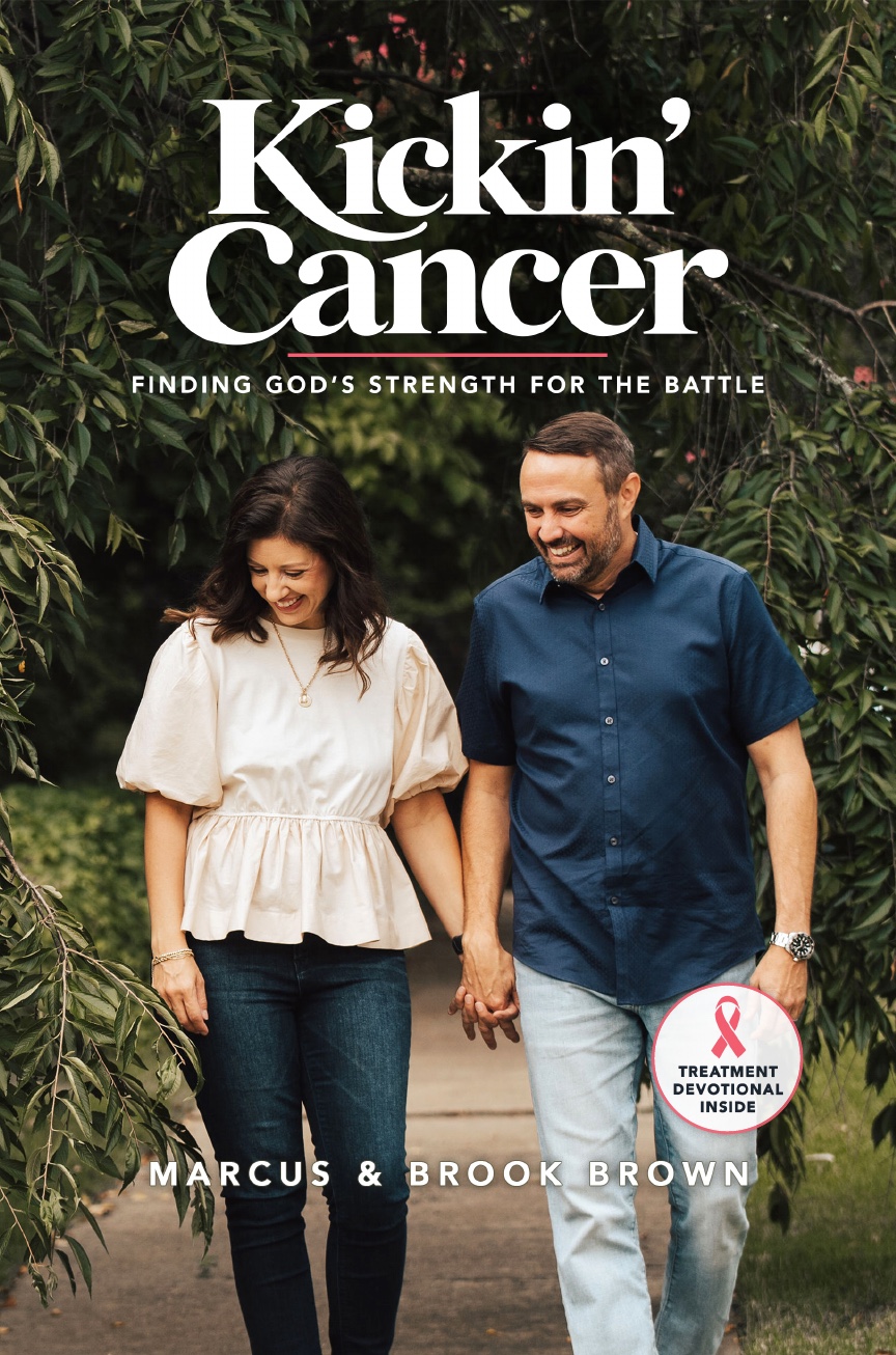 Kickin’ Cancer book cover, featuring Marcus and Brook Brown holding hands